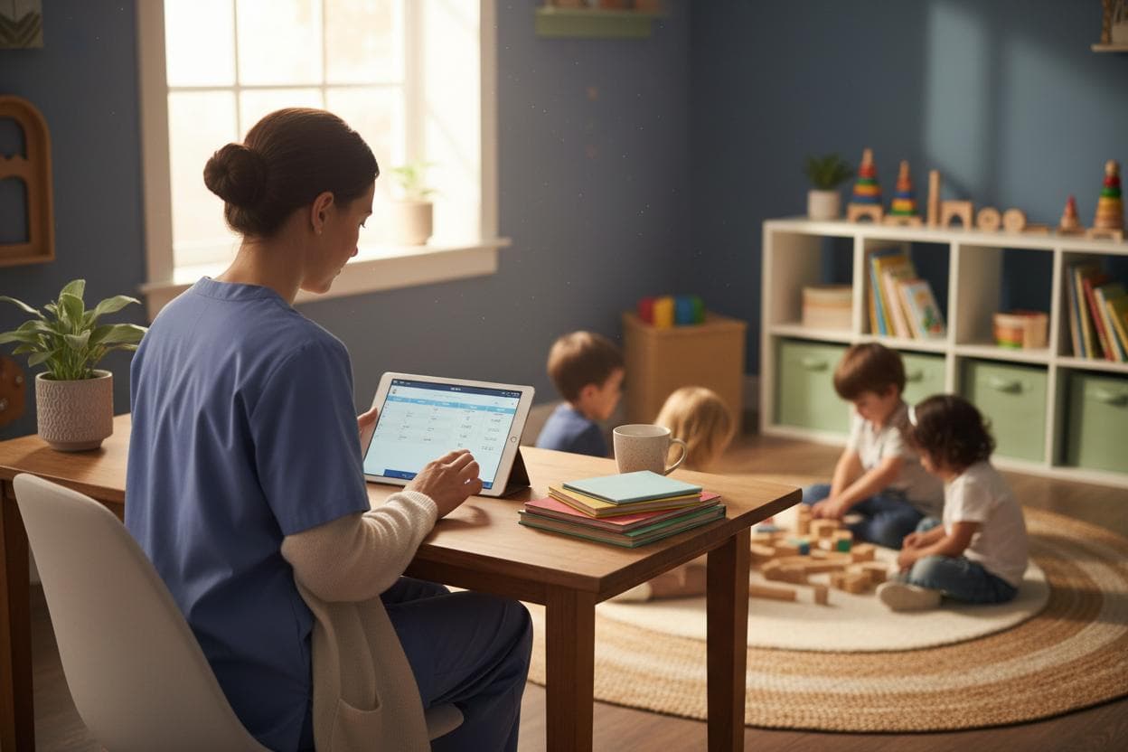 Daycare provider using AI assistant on tablet